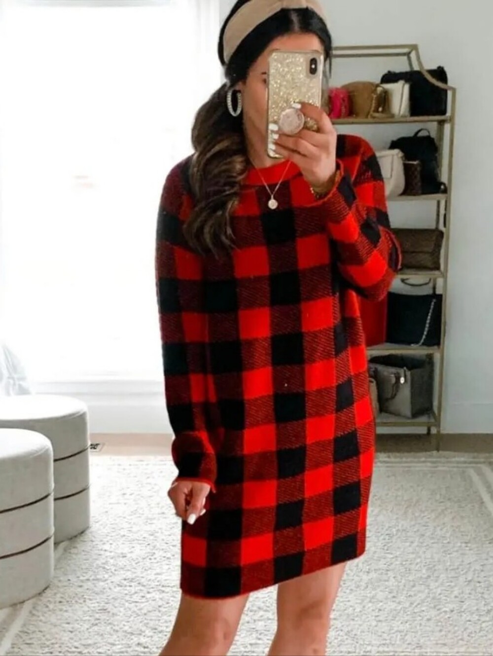 Muk Luk Red Buffalo Check Women's Red & Black Checkered Hooded Lounge Wear L